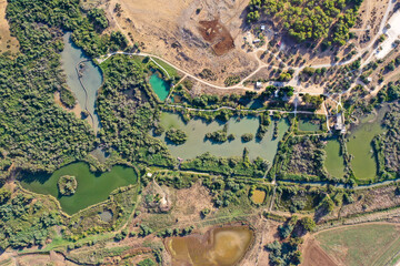 Ein Afek nature reserve catfish swamp and bridge, Aerial view.