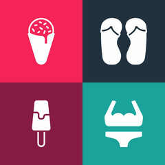 Set pop art Swimsuit, Ice cream, Flip flops and in waffle cone icon. Vector