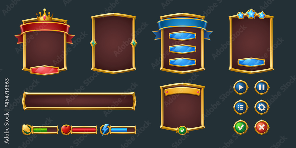 Poster set game frames and menu buttons cartoon interface. empty borders with royal crown and banners, ui o