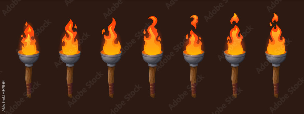 Poster set of medieval sprite torches with burning fire sequence animation. ancient wooden brands with flam
