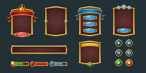 Set game frames and menu buttons cartoon interface. Empty borders with royal crown and banners, ui or gui design elements. Slider, red and green keys, user panel sliders, settings isolated vector set © klyaksun