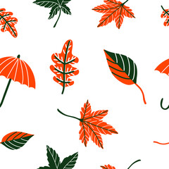 Seamless pattern autumn elements umbrella, leaves isolated on white. Vector illustration for card, textile, fabric, wallpaper, paper design