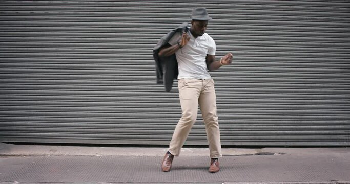 dance loop african american man dancing in street having fun celebrating with funny dance 4k