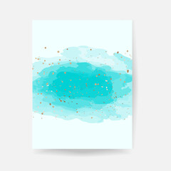 Blue watercolor with gold dust confetti dust. Vector illustration blank for wedding and birthday invitation card.