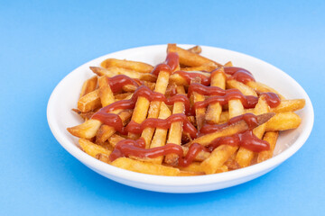 French Fries with Ketchup on A White Plate, Food or Meal Background, Nobody