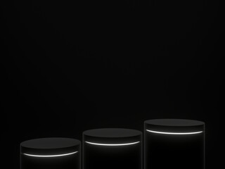 3D black podium with white lights. Product stand.