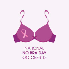 National No Bra Day vector. Purple bra with ribbon icon. Breast cancer awareness vector. No Bra Day Poster, October 13. Important day - obrazy, fototapety, plakaty