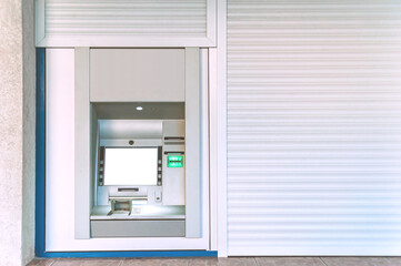 Mock Up, ATM machine in the city. against the background of white roller blinds.