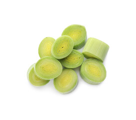 Fresh raw leek slices on white background, top view