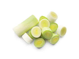 Fresh raw leek slices on white background, top view