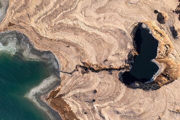 Sinkholes in The Dead Sea coastline, Aerial view.