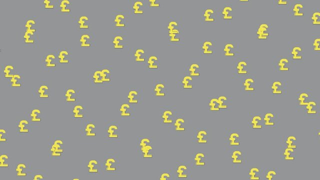Thin line yellow animated symbols of British currency Pound in geometric mosaic on a grey background. Flat design cartoon money icon motion graphic