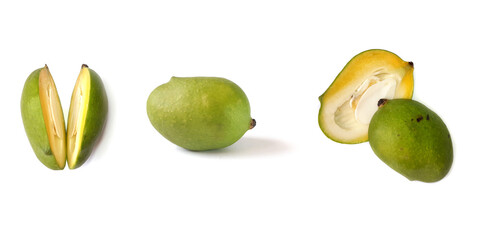 Green Raw Mango Cutting Isolated on White Background