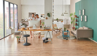 Men living together at home, working, cleaning, talking, washing style, modern decorative house concept, sofa, wooden desk style.