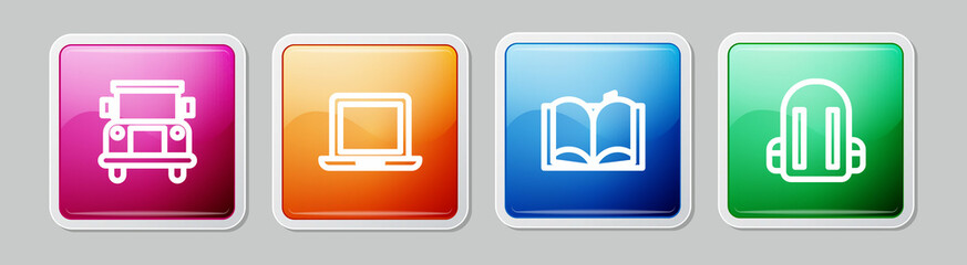 Set line School Bus, Laptop, Open book and backpack. Colorful square button. Vector