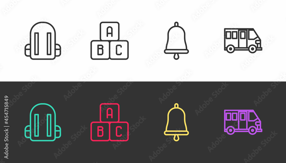 Canvas Prints set line school backpack, abc blocks, ringing bell and bus on black and white. vector