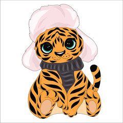 Cute cartoon tiger in a warm winter hat with earflaps and a warm scarf on a white background. Symbol of 2022 on the Chinese calendar.