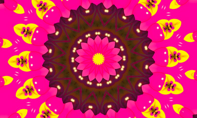 Fuchsia flower on black kaleidoscopic background, pattern for manufacturing of packaging, scrapbooking, gift wrapping, books, booklets, albums