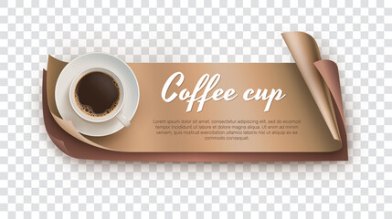 Coffee cup realistic banner with aroma drink cup. Cafe shop branding, menu, invitation, business card, flyer, packaging design vector illustration on transparent background.