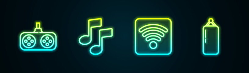 Set line Gamepad, Music note, tone, Wi-Fi wireless internet network and Punching bag. Glowing neon icon. Vector