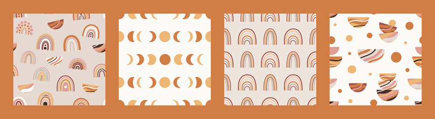 Set of seamless patterns with boho rainbows in terracotta colors. Neutral nursery art design for decoration, bohemian printing for fabric, wall art. Hand drawn vector illustration. © m.malinika