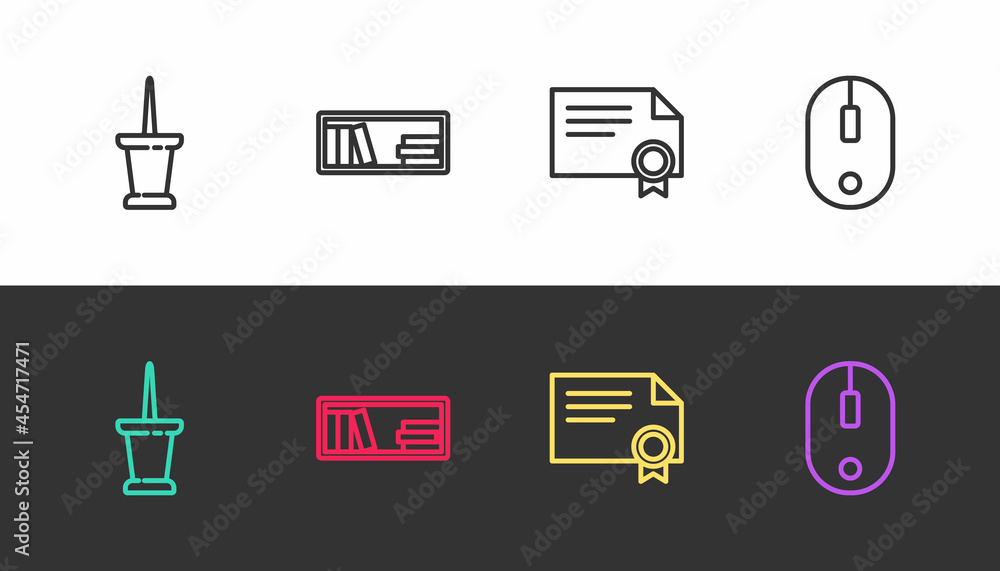 Poster set line push pin, shelf with books, certificate template and computer mouse on black and white. vec