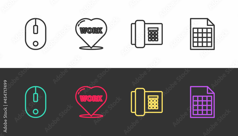 Poster set line computer mouse, heart with text work, telephone and file document on black and white. vecto