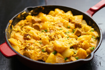 Vegan Hot Dog, Potato, Pea Dinner with a Cheesy Sauce