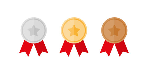Gold, silver, and bronze medals with stars and ribbons.