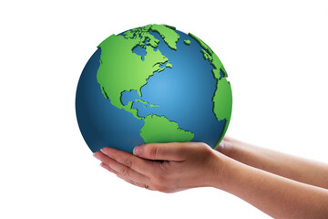 Human hand holding Earth against plain white background.