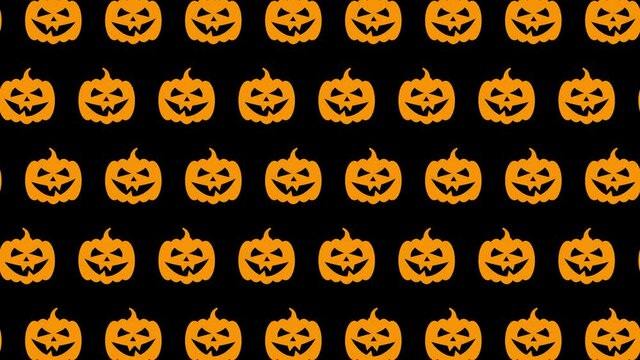 Animated orange pumpkin heads pattern on a black background. Halloween holiday motion graphic decoration backdrop