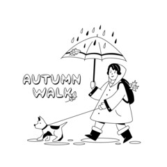 Girl is walking the dog on a leash under the umbrella. Autumn Walk lettering. Doodling black and white vector illustration in line art style.  