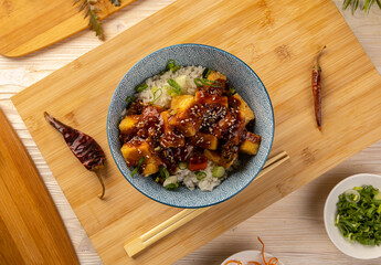 Tofu with spicy sauce served with rice