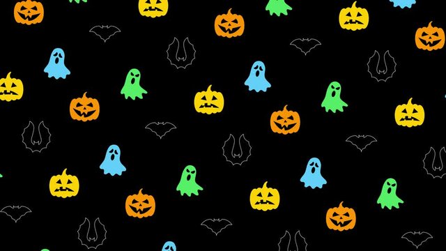 Animated pumpkin heads, ghost and bat silhouettes mosaic on a black background. Halloween holiday motion graphic decoration backdrop