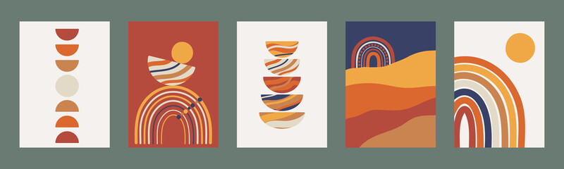 Set of minimalist geometric boho wall decor prints. Abstract posters for modern bohemian esthetic interior. Contemporary printable artwork. Sun, Moon, rainbow. Hand drawn vector illustration. © m.malinika