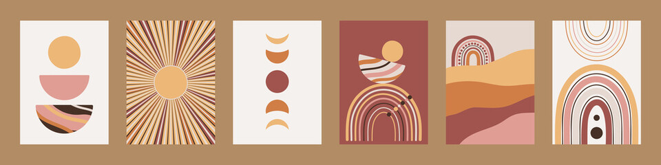 Set of minimalist geometric boho wall decor prints. Abstract posters for modern bohemian esthetic interior. Contemporary printable artwork. Sun, Moon, rainbow. Hand drawn vector illustration. © m.malinika