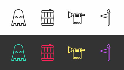 Set line Executioner mask, Wooden barrel, Trumpet with flag and Medieval on black and white. Vector