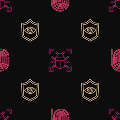 Set line Fingerprint, Shield and eye and System bug on seamless pattern. Vector