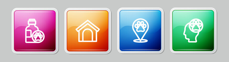 Set line Pet shampoo, Dog house, Location veterinary and Human with animals footprint. Colorful square button. Vector