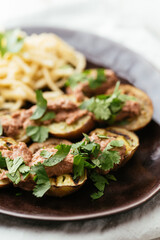 Plate with grilled eggplant slices served with a walnut sauce