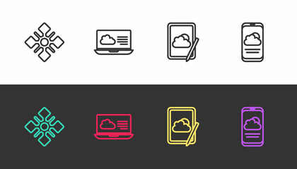 Set line Snowflake, Weather forecast, and on black and white. Vector