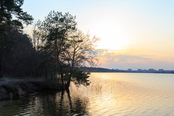 A beautiful sunset over the lake in Kyiv. Ukraine 