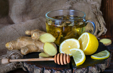 Healing herbal tea with lemon and ginger