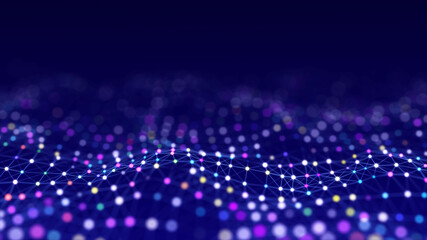 Abstract technology wave of particles. Big data visualization. Background with motion dots and lines. Artificial intelligence.