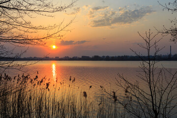 A beautiful sunset over the lake in Kyiv. Ukraine 