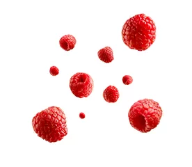 Poster Fresh ripe raspberries flying in the air isolated on white background. Food levitation © Fraupoc