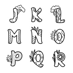 ABC Funny Alphabet coloring for kids. Cute alphabet fonts freehand style. Doodle alphabet for coloring book or greeting card.