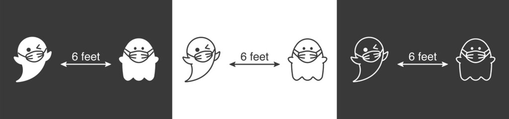 Social distance Halloween party. Vector cute line art ghost.