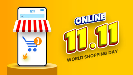 11.11 online shopping day sale banner with smartphone and podium. Vector illustration.