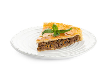 Piece of delicious pie with minced meat isolated on white